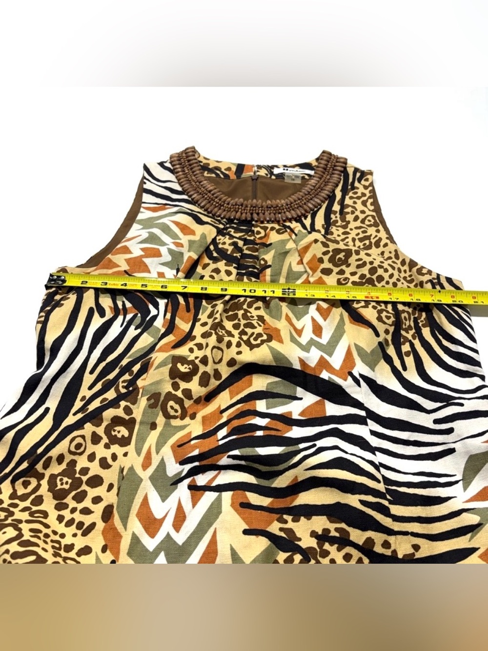 Peter Nygard Tribal Animal Print Shift Dress with Beaded Neckline Size 16 - Picture 8 of 12